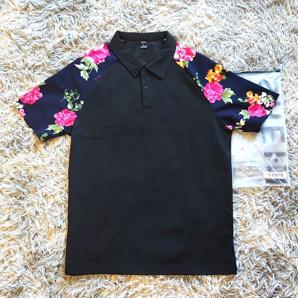 Brand New! MENS FLORAL POLO SHIRT BLACK SIZE SMALL